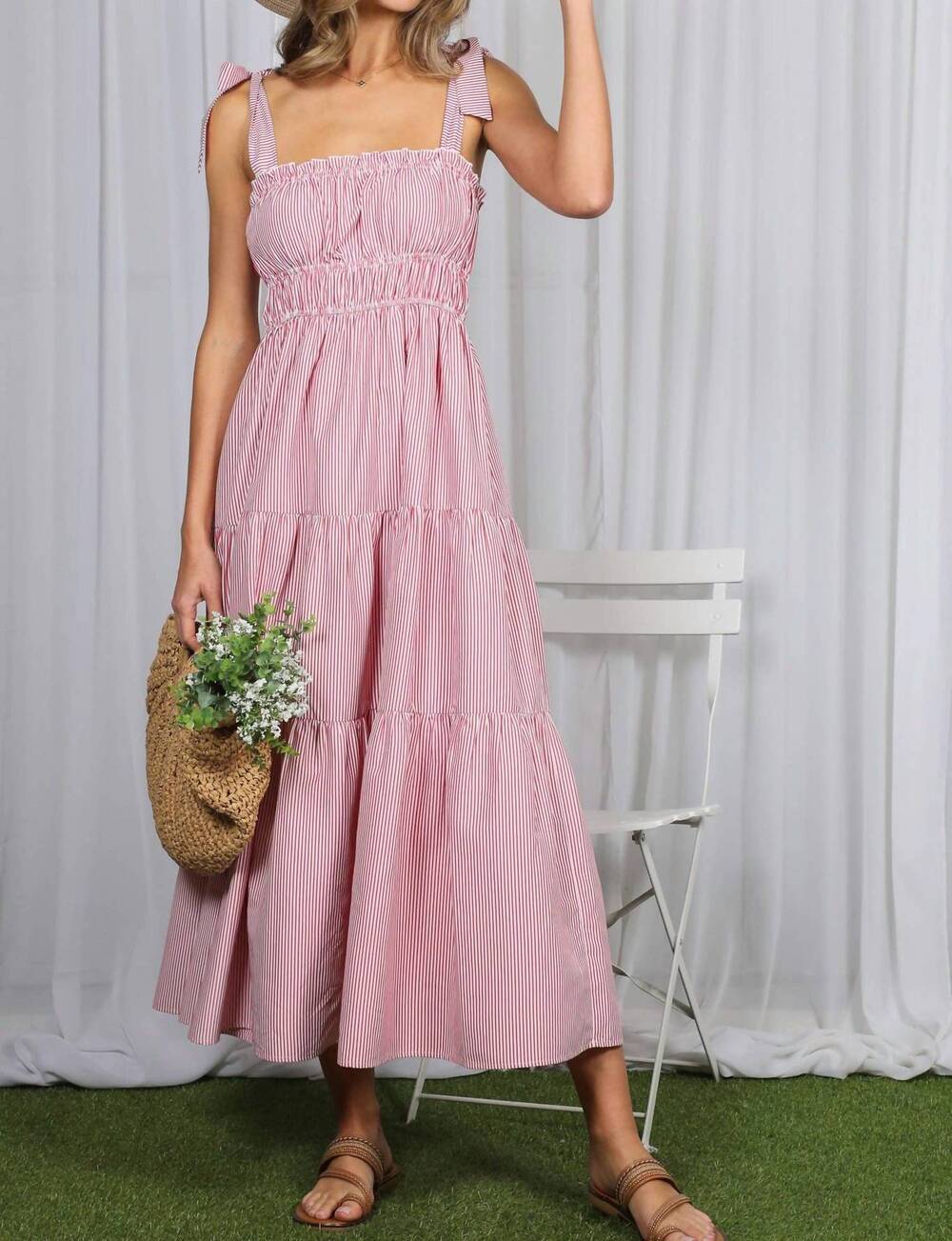 NEW VINE & LOVE square neck shoulder striped sleeveless maxi dress in pink/white